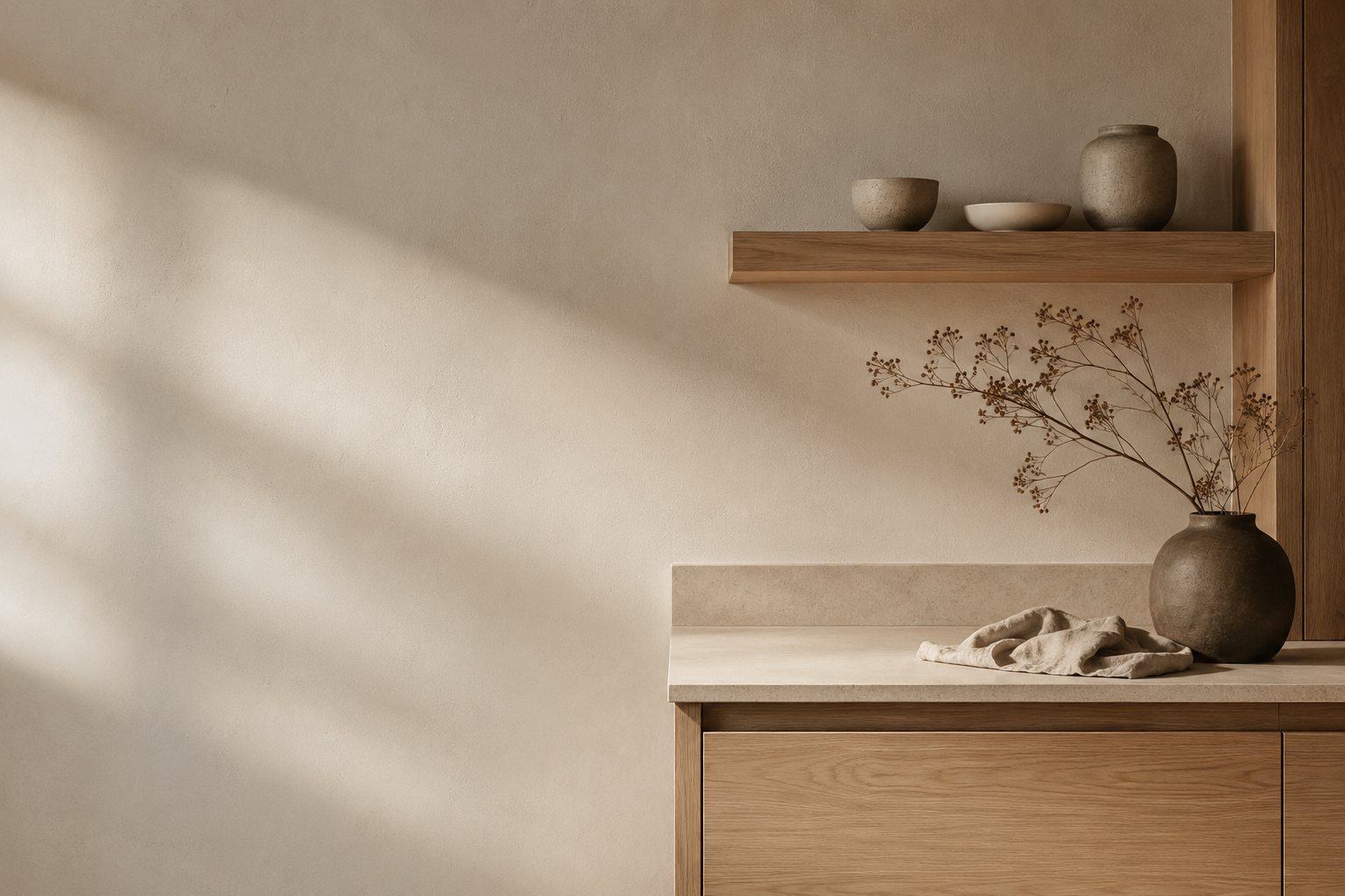 A quiet japandi kitchen corner — pale oak cabinetry, a limestone worktop and stoneware vessels in soft daylight