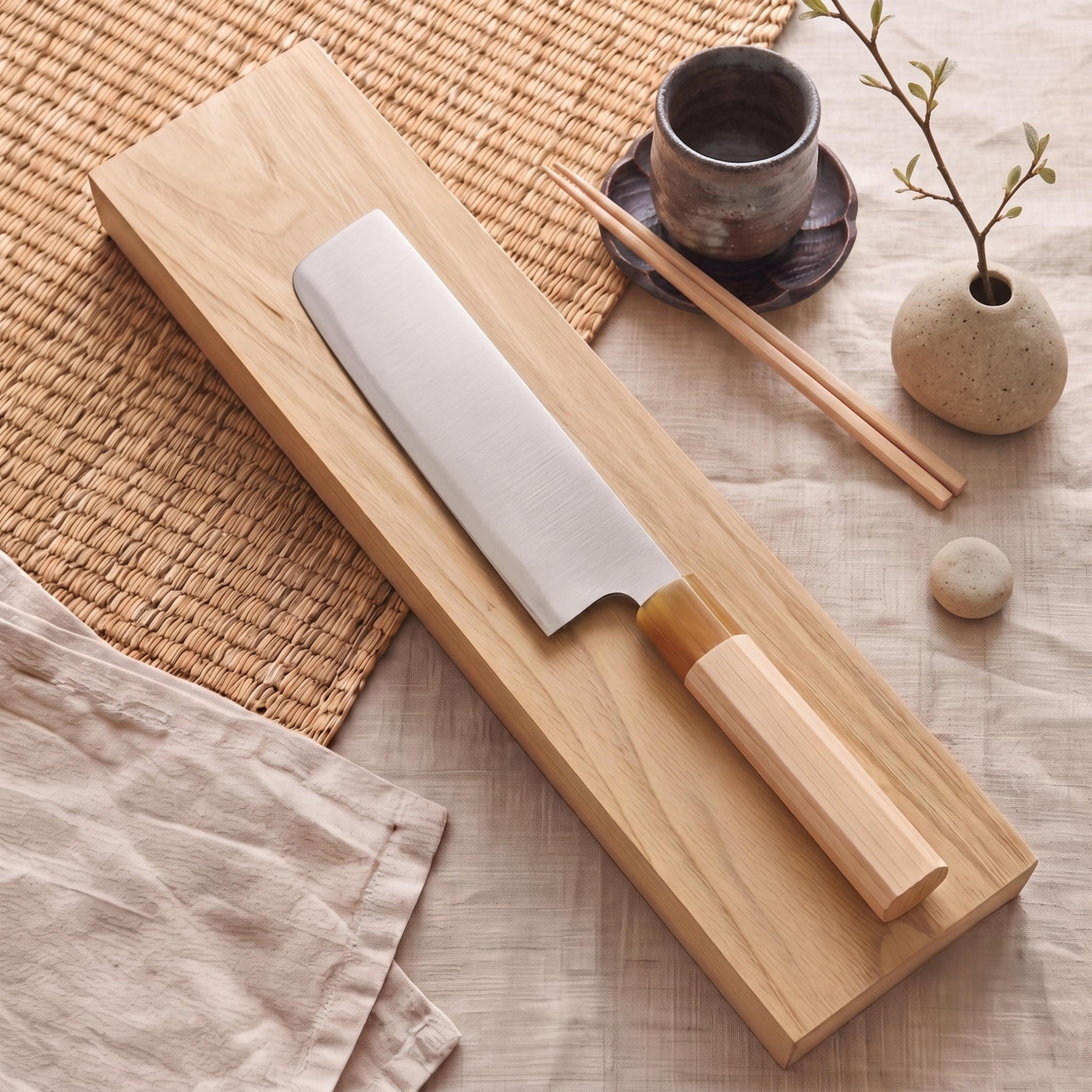 An Aogami No.2 Nakiri knife with an octagonal light wood handle resting on an oak board