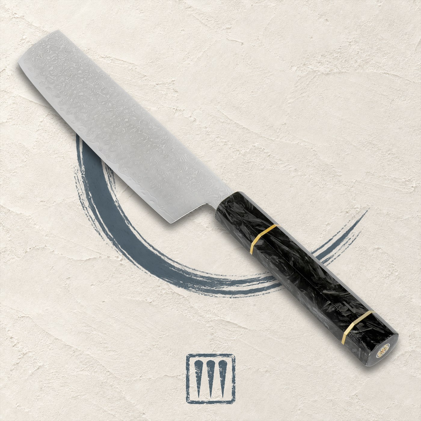 Nakiri vegetable knife, 7-inch Damascus blade, on ivory plaster
