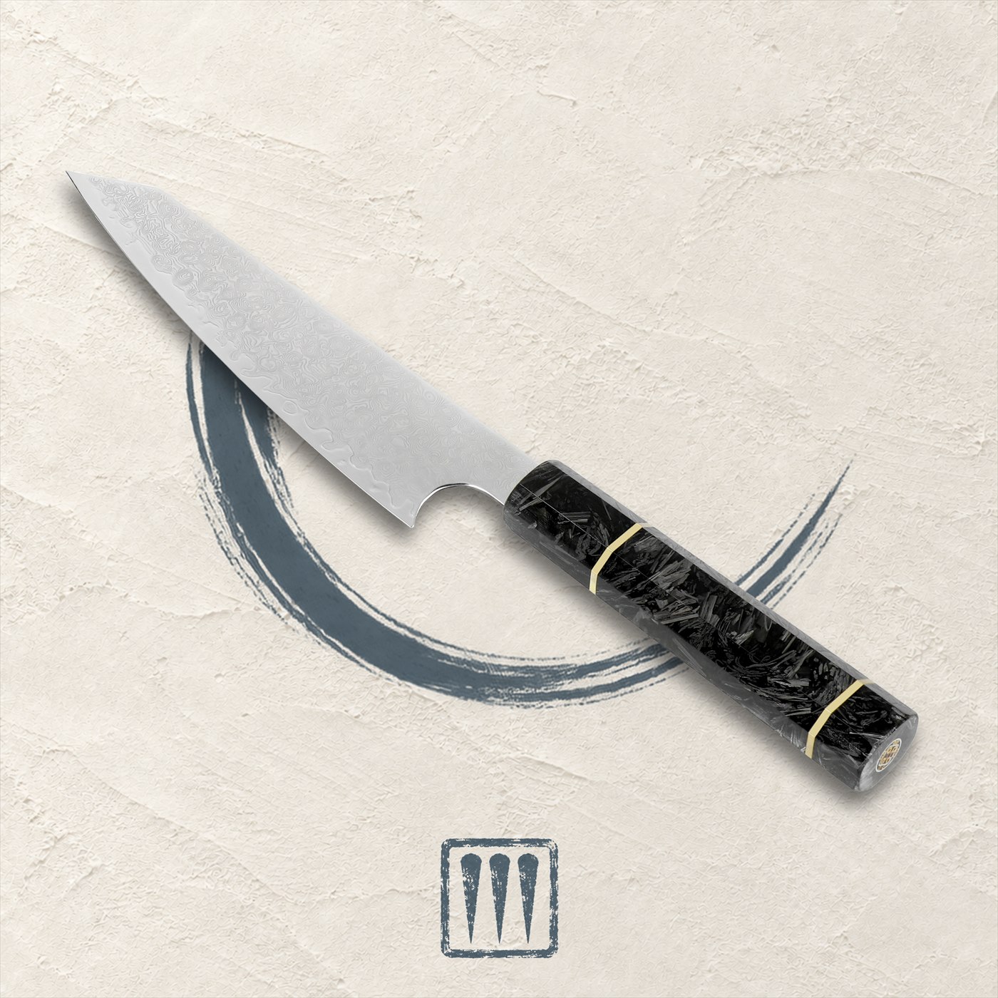 Utility knife, 6-inch Damascus blade, on ivory plaster