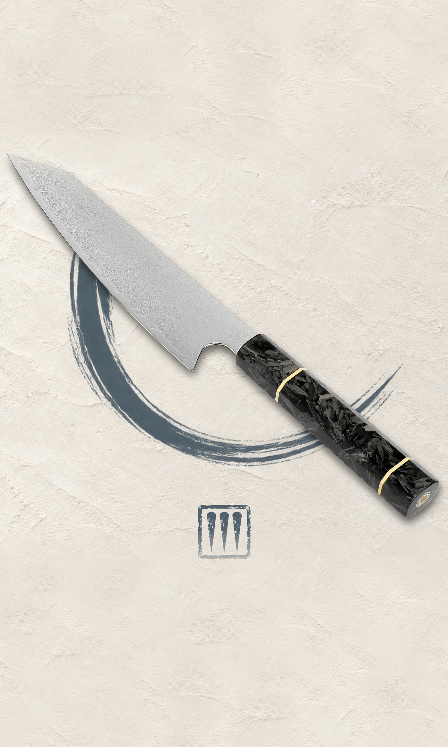 A Damascus steel Kiritsuke chef's knife with a carbon-fibre handle on ivory plaster, an indigo brush stroke beneath it